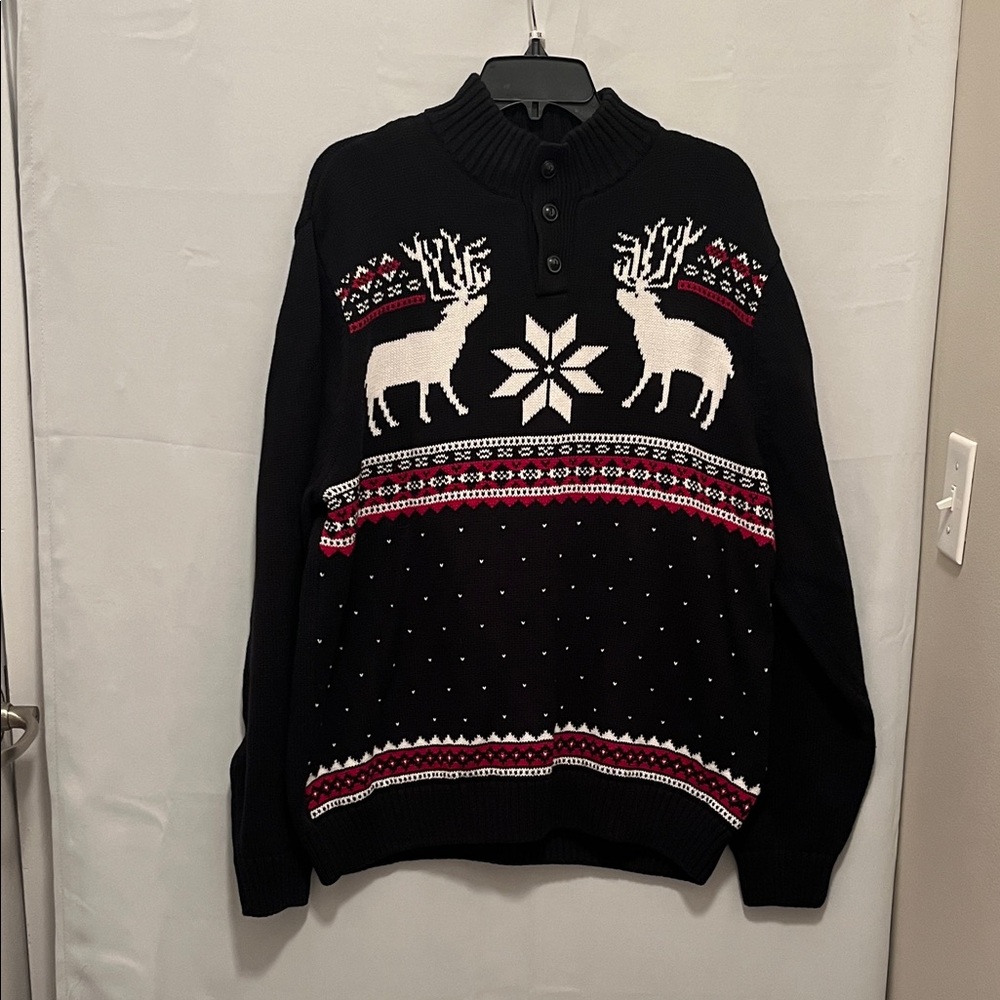 Chaps Black White & red button cuff neck Sweater Winter theme USED Size XL/TG